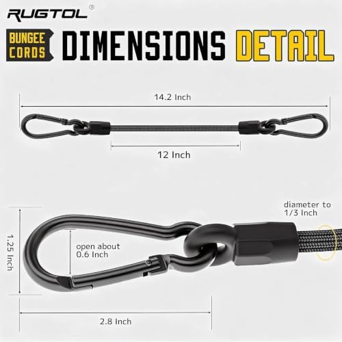 Bungee Cords, 12 inch Black Bungee Cords with Carabiner Hooks for Camping, Heavy Duty Outdoor High Strength Short Strong Elastic Bungee Cord Rope with Clips On Both Ends for Bike Rack Tarps, 6 Pack - Image 5