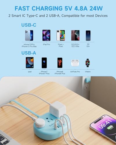 Blue Extension Cord with USB C - 5 FT Flat Extension Cord - Image 4
