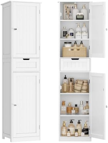 TEENFON 66.9" H Tall Bathroom Cabinet with 2 Doors & 1 Drawer, Narrow Bathroom Storage Cabinet with Adjustable Shelves, for Living Room, Entryway, Kitchen, White by TEENFON