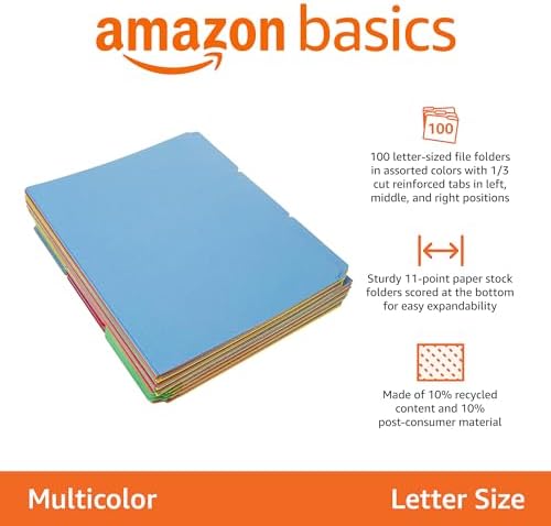 Amazon Basics Sturdy File Folders with Tabs for Filing and Organization, AMZ401, Letter Size, Assorted Colors, 100-Pack - Image 2