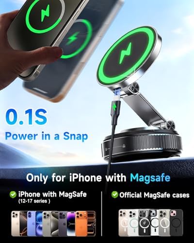 for MagSafe Car Mount Charger, 15W Fast Charging Magnetic Wireless Car Charger, Vacuum Magnetic Phone Holder [120LBS Ultra Suction Cup & 3000gf Magnet ] 780° Dashboard Car Bracket for iPhone & Android - Image 6