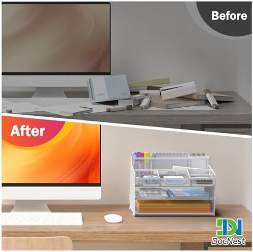 Docnest 3 Tier Mesh Desk Organizer with Letter Tray & Paper Sorter, White - Image 3