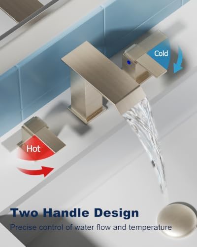 SSREEZNX Bathroom Sink Faucet 3 Hole, Waterfall Bathroom Faucets Brushed Nickel, Modern Bathroom Faucet 2 Handle with Pop-up Drain and Water Line for Vanity - Image 5