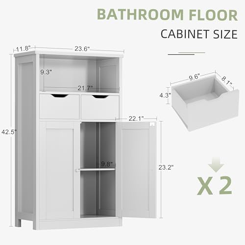 Shintenchi Floor Storage Cabinet, Bathroom Storage Organizer with Doors and Drawers, Freestanding Side Cupboard Pantry with Adjustable Shelf for Bathroom/Kitchen/Livingroom, White - Image 3