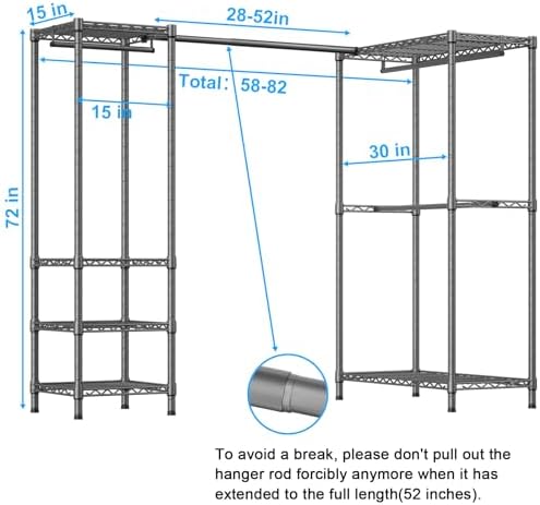 ULIFHOME E10L L-Shaped Clothes Rack for Corner（With Expandable Hanger Rod）Heavy Duty Freestanding Clothing Racks for Hanging Clothes，Portable Garment Rack 58-82"W x 30"D x 72"H，Max Load 900LBS，Grey - Image 2