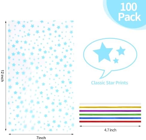 COQOFA 100 Pcs 7"X12" Blue Star Printed Clear Gift Cellophane Treat Bag Party Favor bags Clear Candy Cookie Bag Plastic Poly Goodie Storage Bags with Twist Ties for Baby Shower,Gender Reveal, Birthday, Wedding ,Party Decorations - Image 2
