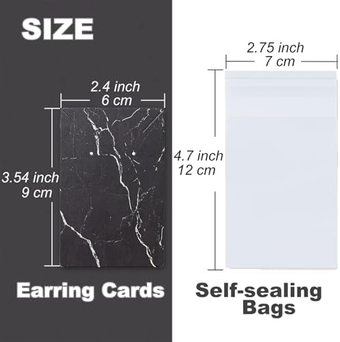 Earring Cards, Set Jewelry Making Supplies with 100 Pcs Earring Holder Cards 200 Pcs Earring Backs and 100 Jewelry Packaging for Earrings Necklace Jewelry Display, Bags 3.5x2.4 Inches (Marble Black) - Image 2