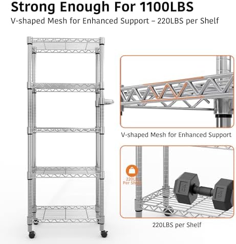 Garvee 61" H Storage Shelves with Wheels 1100LBS Rolling Metal Wire Rack - Image 5