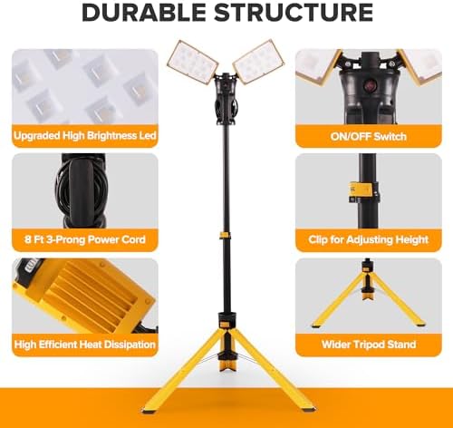 LUTEC 【Upgraded 5000K 15000 Lumen 105 Watt Dual-Head LED Work Light with Telescoping Tripod, Work Light with Stand Rotating Waterproof Lamps and 8 Ft 3-Prong Power Cord (Pack of 2) - Image 4