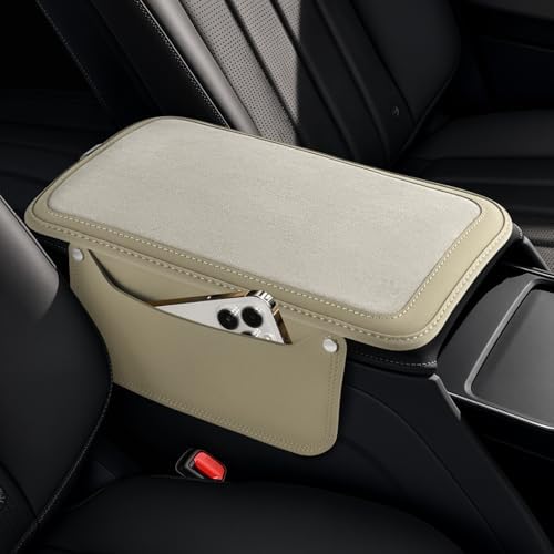 SINGARO Car Leather Center Console Cover with 2 Storage Bags, Universal Furry Fluffy Car Armrest Seat Box Pad, Comfortable Car Interior Accessories, Fits for Most Vehicles (White) by SINGARO
