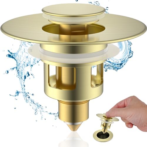 Hibbent All Metal Universal Bathroom Sink Stopper for 1.1''~2.3'' Basin, Pop Up Sink Drain Strainer, Brass Bullet Core Push Type Stopper, Stainless Steel Anti Clogging Drain Filter, Brushed Gold by Hibbent