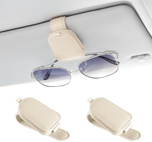 JUSTTOP 2 Pack Sunglasses Holders for Car, Magnetic Leather Buckle Sun Visor Sunglass Clip, Ticket Card Clip Sunglasses Mount, Car Interior Accessories for Men and Women (Beige) by JUSTTOP