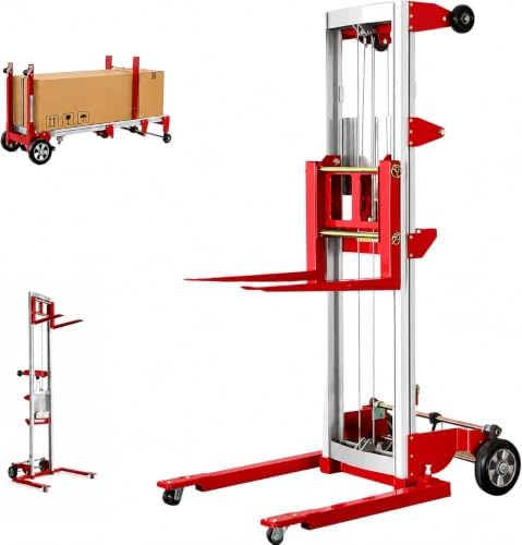122" Material Lift Winch Stacker, 400 lbs Capacity Manual Material Lifts, Adjustable Straddle Material Lifter, Hand Winch Lift Trucks for Warehouse, Factory, Lightweight, 42.90"L x 43.30"W, Red by ELOMBR