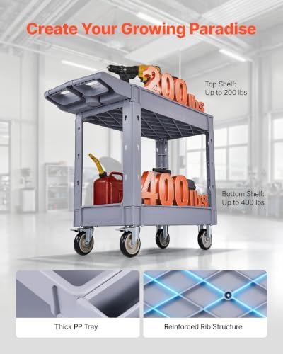 VEVOR Utility Cart, 550 lbs Capacity, 2 Tier Service Cart with 360° Swivel & Fixed Wheels (2 with Brakes), Heavy Duty Plastic Rolling with Storage Tray, Tool Storage for Garage Warehouse Workshop - Image 2