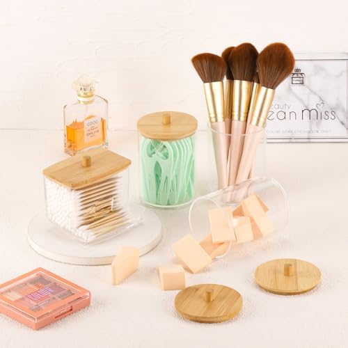 Tbestmax 4 Pack Qtip Holder Bathroom Container, 10/7oz Cotton Ball/Swabs Dispenser, Apothecary Jar with Bamboo Lids for Organizer and Storage (Beige) - Image 5