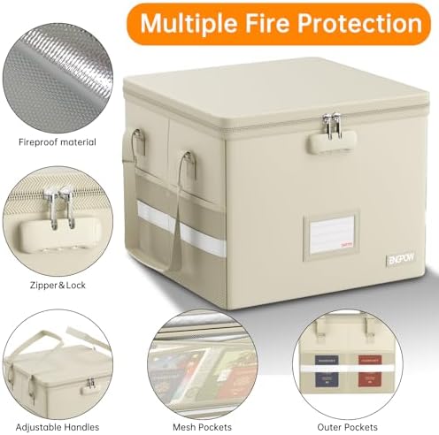 ENGPOW 5200°F File Box Fireproof Document Box with Lock,Heat Insulated Collapsible File Storage Organizer Box with Handle,Portable Home Office File Cabinet for Hanging Letter/Legal Size Folder, Beige - Image 5