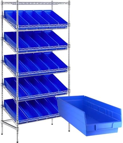 18" x 36" x 74" Heavy-Duty Commercial Chrome Shelving Unit with 25 Blue Storage Bins - Metal Wire Utility Shelf for Tool, Office, Garage, and Warehouse Organization - Durable Storage Cabinet by Zedfire