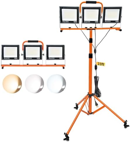 30000LM LED Work Light with Stand and Wheels 3-Head Dimmable for Garage Workshop IP66 by Exploreournow