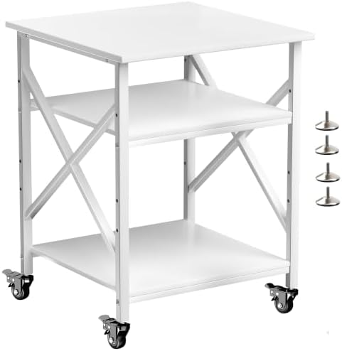 Printer Stand, 23.6 x 23.6 Inches Large Printer Stand with Adjustable Storage Shelf, 3 Tier Printer Table for Home Office, Rolling Printer Cart with Industrial Wheels, Mini Fridge Stand Table, White by Unknown