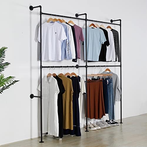 Industrial Pipe Clothing Rack Heavy Duty Double Closet Rod Clothes Rack, Clothing Rods for Hanging Clothes, Wall Mounted Clothes Garment Rack Closet System 90in Black - Image 2