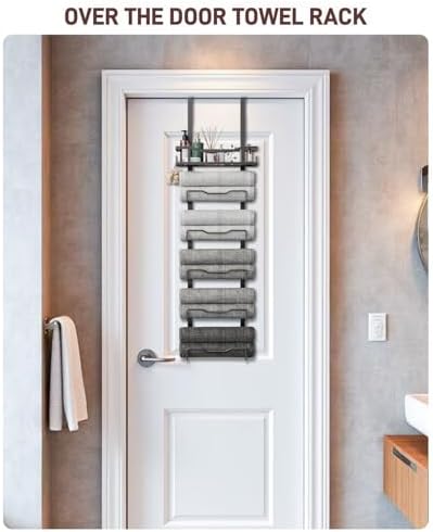 Aetyord Hanging Towel Racks for Bathroom No Drill - 6-Tier Over The Door Bath Towel Storage Organizer for Small Bathrooms - Tiered Back of Door Towel Holder Hanger for Rolled Towels RV Camper Black - Image 2
