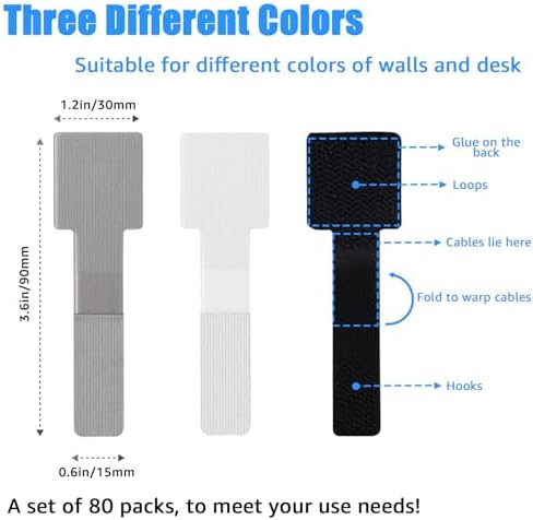 80PCS Hook and Loop Cable Ties, Under Desk Cable Management, Adhesive Cable Straps, Cord Management Hider Idea, Cord Organizer for Desk, Computer Accessories, Home Office Organization, Black+Gray - Image 3