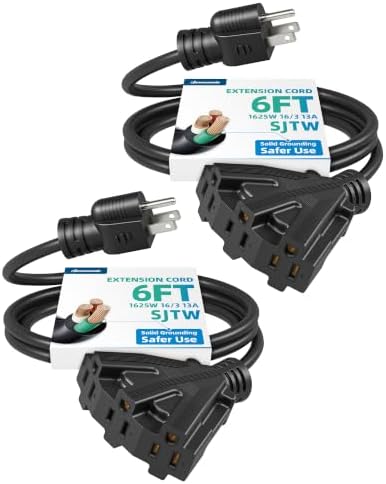 DEWENWILS 2 Pack 6FT Black Tri-Tap Outdoor Extension Cord 16/3, ETL Listed by DEWENWILS
