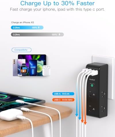 Surge Protector Outlet Extender, Multi Plug Wall Outlet,Rotating Plug,Black - Image 4