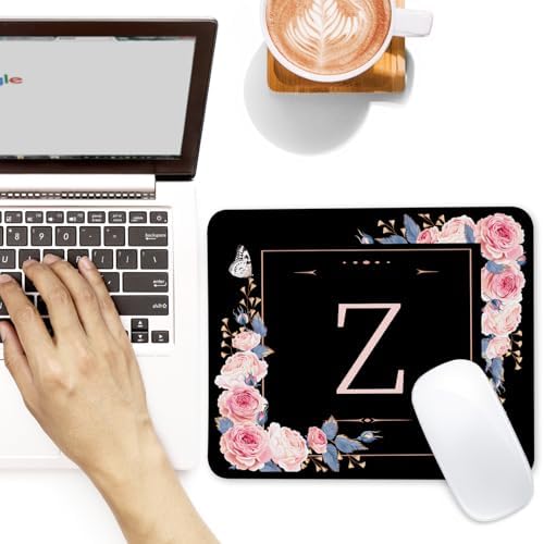 Letter Z Black and Pink Flowers Square Mouse Pad, Mouse Pad with Stitched Edge and Non-Slip Rubber Base,Mouse Mat,Home Office Decor Desk Accessories,9.4x7.8x0.12 inch Square Mouse Pad - Image 2