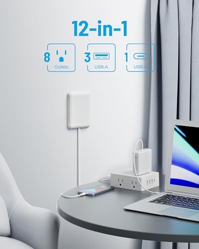 Olcorife Flat Extension Cord with Outlet Cover, Flat Plug Power Strip with 8 Outlets and 4 USB Ports, 5 FT Cord Hidden Outlet Extender for Tight Spaces - Image 2