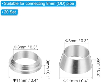 PATIKIL 8mm Tube OD 304 Stainless Steel Compression Tube Fitting Sleeve, 20 Pack Double Ferrule Ring Tubing Fitting Assortment Kit, Silver - Image 2