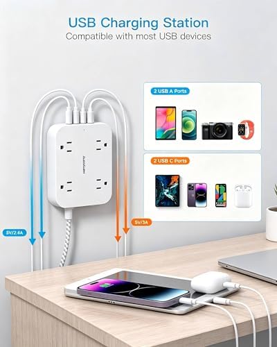 Surge Protector Power Strip, 10Ft Extension Cord with 4 USB Ports(2 USB C) - Image 5
