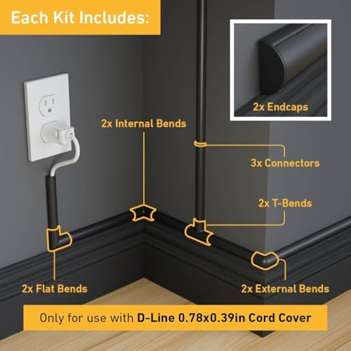 D-Line Small Cable Raceway Accessory Pack, Join 0.78in x 0.39in Cord Cover Lengths, 13 Accessories Included, Hide Cords Around a Variety of Angles - Black - Image 2
