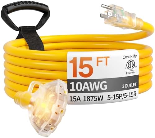 15FT 10 Gauge Extension Cord with Multiple Outlets Outdoor Yellow by Deeklify