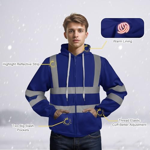 TCCFCCT Hi Vis Work Hoodies for Men Women Class 3 Safety Jacket Reflective, High Visibility Hoodie for Men Construction, Surveyors, Durable & Dirt-resistant, WL-Blue Strip 2XL - Image 3