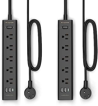10FT Long Surge Protector Power Strip-with 5 Widely Outlets and 3 USB Ports(1 USB C Port),10 Foot Extension Cord(1250W/10A),Wall Mount for Home Office,700 J,Black(2 Pack) by iEcopower