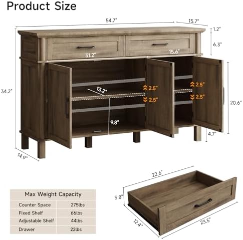 ONBRILL 55 Inch Buffet Cabinet with Storage, Washed Grey - Image 2