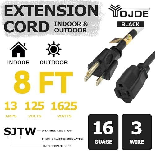 YOJOE Indoor Outdoor Extension Cord, 3 Prong 13A Weatherproof Power Cord, 16 Gauge Heavy Duty 8 ft Black Extension Cord for Garage, Garden and Home, 16/3 SJTW UL Listed - Image 2