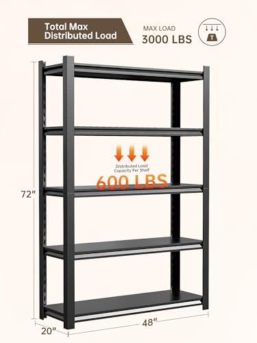JHYKHG 72" W Storage Shelves,5-Tier Heavy Duty Garage Shelving,Adjustable Shelving Unit,Metal Shelf,Boltless Assembly Rack for Warehouse,Shed,3,000 lb Load,24 x 48 x 72 Inches,Black - Image 3