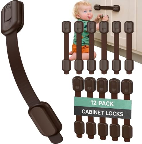 Infinno 12 Pack Cabinet Locks Baby Proofing Heavy Duty - Child Safety Cabinet Locks for Drawers, Cupboards & Fridge – No Drill 3M Adhesive Locks for Pets - Toddler Safety Latches-Brown by InfinnoHome