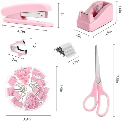 Pink Office Supplies,Desk Accessories,Desk Organizer,Phone Stand,Scissors,Stapler,Tape Dispenser,Binder clips,Staples,staple remover,Sticky Notes,Index Tabs,Clear Tape,Mini Box Cutter,Cool Pen 16pcs - Image 6