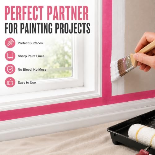 Pink Painters Tape 1 Inch Wide, 2 Rolls Masking Tape 0.98 in x 55 Yd, Pink Masking Tape No Residue, Easy Tear Paint Tape for Wall Painting, DIY, Window Masking, Home Improvement - Image 3