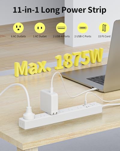 15 Ft Flat Extension Cord Power Strip,7 AC Outlets 4 USB Ports(2 USB C) - Image 2
