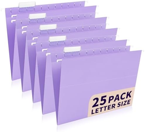 25-Pack Light Purple Hanging File Folders, Letter Size, Includes 35 Transparent Label Cards & 50 Sticker Labels,1/5-Cut Tabs for Home & Office Organization by Jowaia