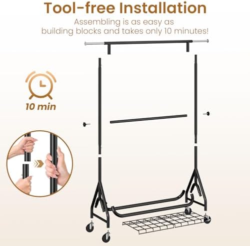 Heavy Duty Clothes Rack for Hanging Clothes, Double Rods Clothing Rack with Lockable Wheels, Rolling Garment Racks with Shelf, Easy to Assemble, Black - Image 5