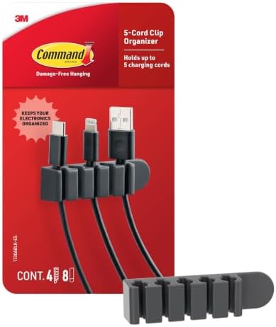 Command 5-Cord Clip Organizer, Black, 4 Clips, 8 Medium Strips by Command