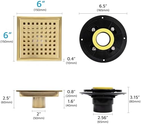 6" Square Shower Drain with Flange, Brushed Gold, Grate Removable - Image 3