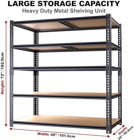 Storage Shelves Unit,40" W 5-Tier Garage Shelving Heavy Duty Metal Adjustable Garage Shelves,Stable Shelves Organizer for Pantry, Kitchen and Basement,40" W x 20" D x 72" H,Black - Image 3