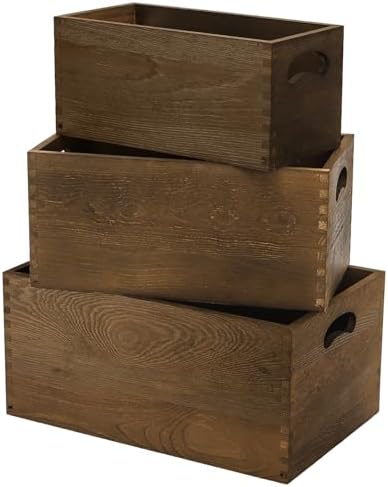 Hedume Set of 3 Nesting Wooden Crates, Wood Crate Box with Handle, Rustic Brown Decorative Wood Storage Crates Container, Stackable Cube Basket Bins Organizer for Home, Office, Closet, Shelf by Hedume