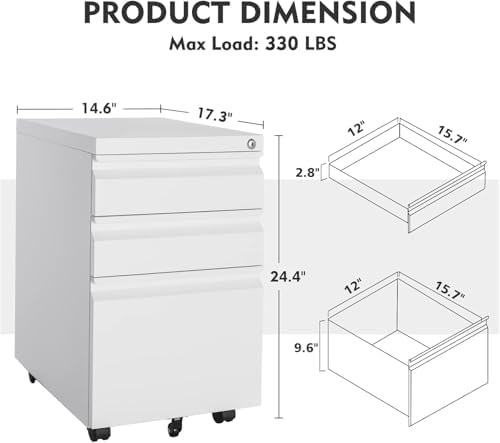 MIIIKO 3 Drawer File Cabinet on Wheels, Home Office Mobile File Drawers Under Desk, Full Assembled White Filing Cabinets with Lock for Legal/Letter/A4 File Folders - Image 3